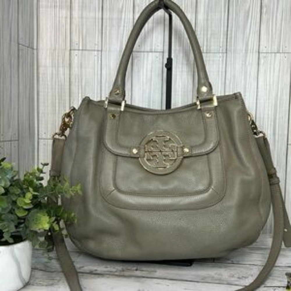 Tory Burch Amanda Gray Green Shoulder Bag with Medallion Logo